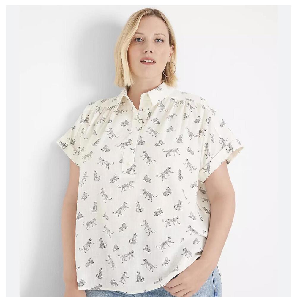 Lane Bryant Short-Sleeve Collared Popover Blouse, Cheetah Print, Large